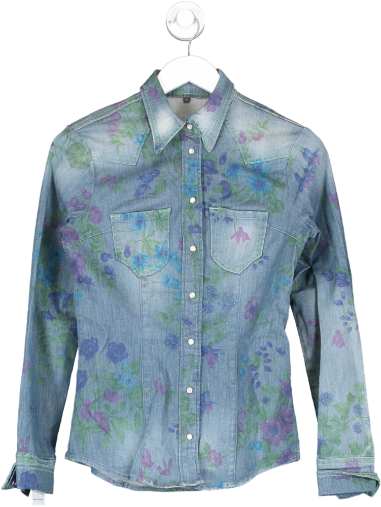 Don't Cry Milan Blue Floral Printed Denim Shirt UK 6