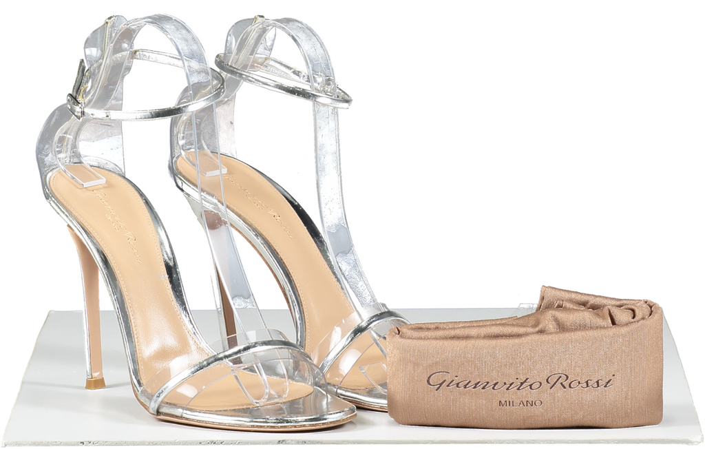 Gianvito Rossi Metallic Silver Leather And Pvc Heeled Sandals UK 6 EU 39 👠