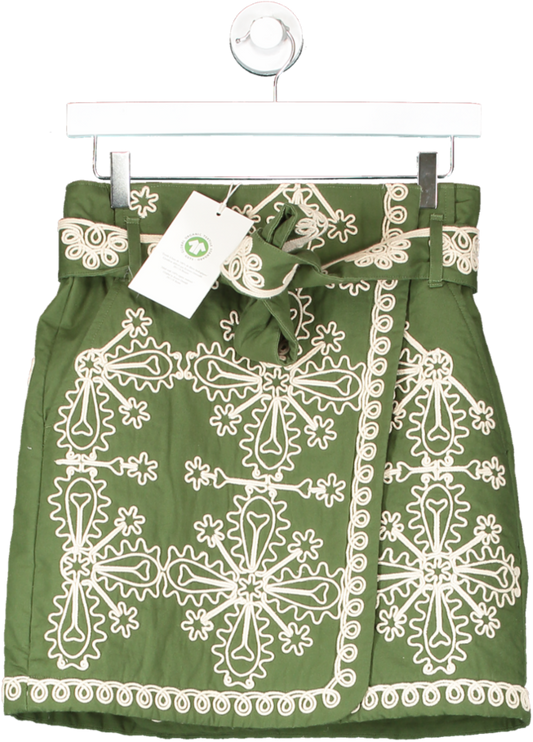 Sezane Green Leandra Warp Mini  Skirt  Khaki/ Ecru UK 8
