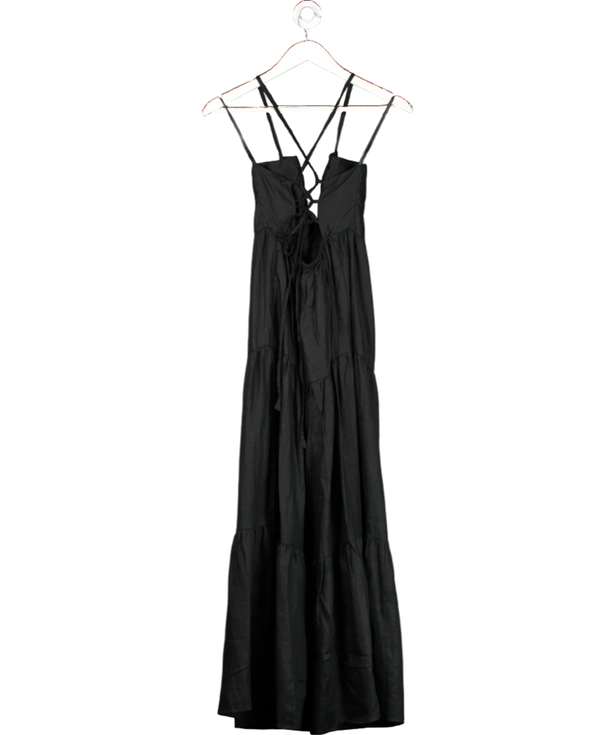 Lusana Black Linen Lace Back Midi Dress UK S