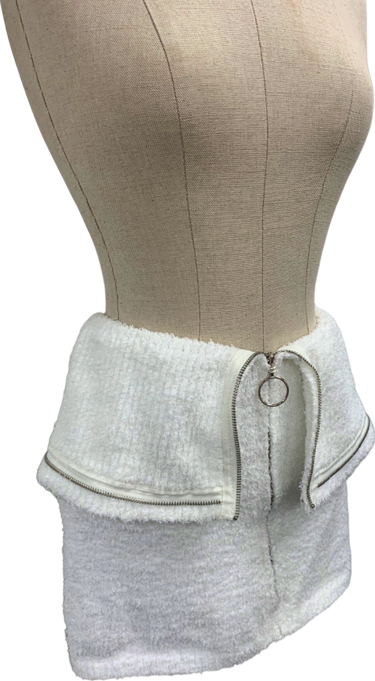 PrettyLittleThing White Fluffy Knit Fold Over Zipped Mini Skirt UK S