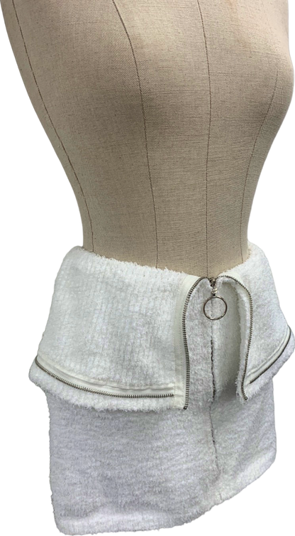 PrettyLittleThing White Fluffy Knit Fold Over Zipped Mini Skirt UK S