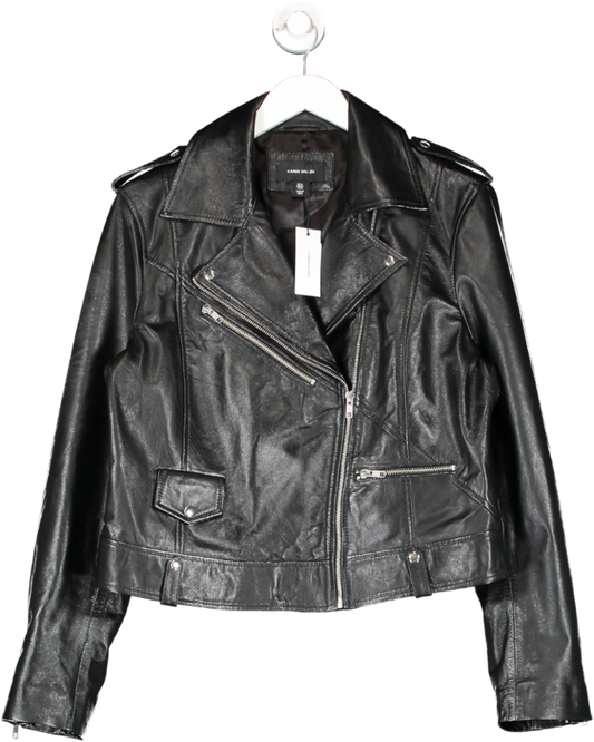 Karen Millen Black Leather Zip Detail Biker Jacket UK 16