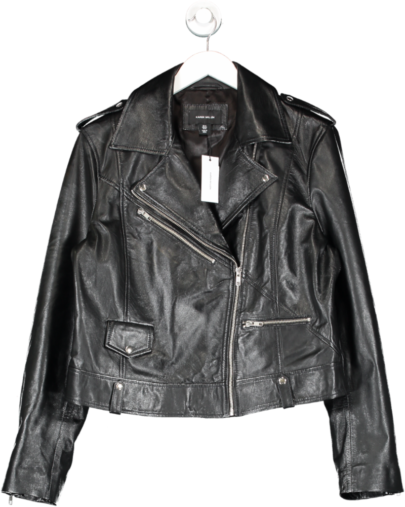 Karen Millen Black Leather Zip Detail Biker Jacket UK 16