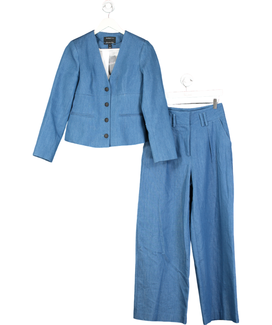 River Island 2-piece Blue Denim V-neck Blazer & High Waisted Wide Leg Trouser suit UK 6