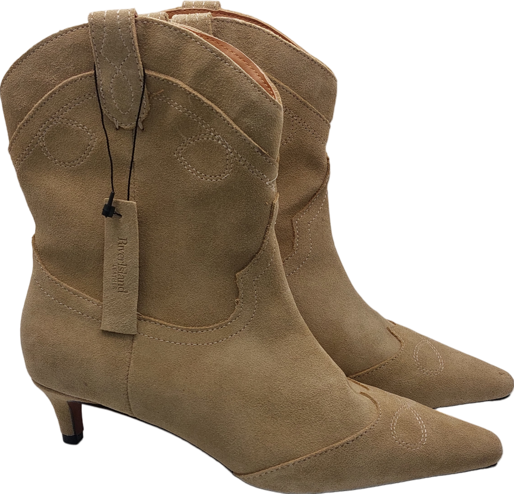 River Island Beige Suede Western Ankle Boot UK 7 EU 40 👠