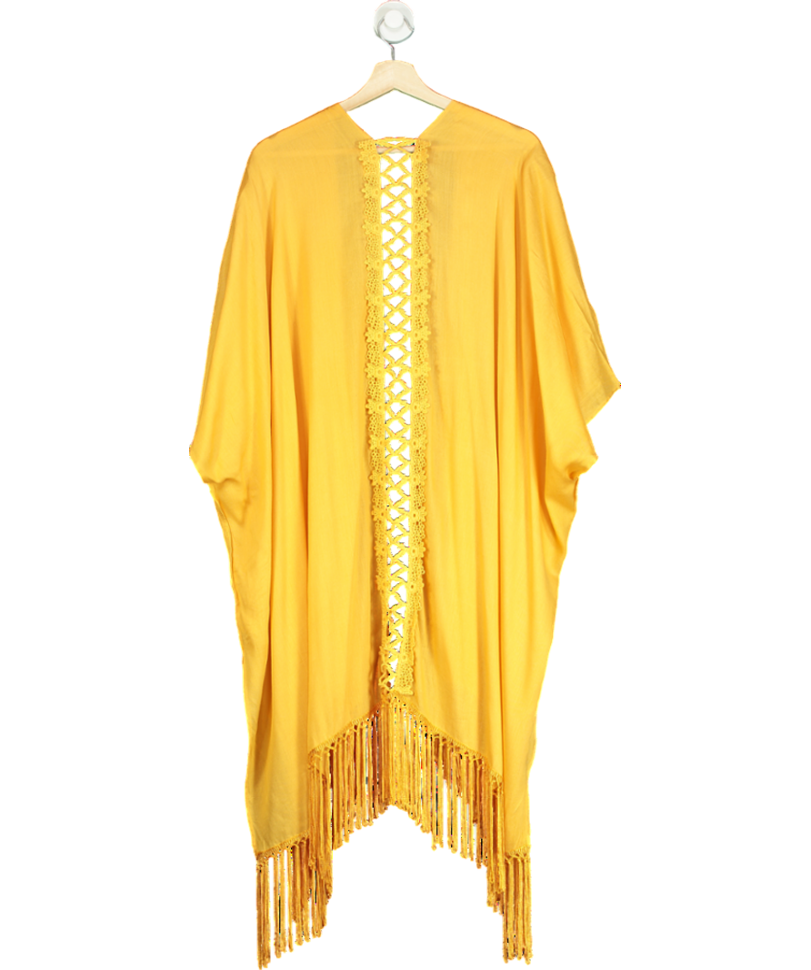 Elizabeth Gillett Yellow Solid Fringe Lace Kimono One Size