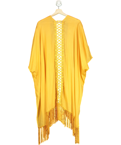 Elizabeth Gillett Yellow Solid Fringe Lace Kimono One Size