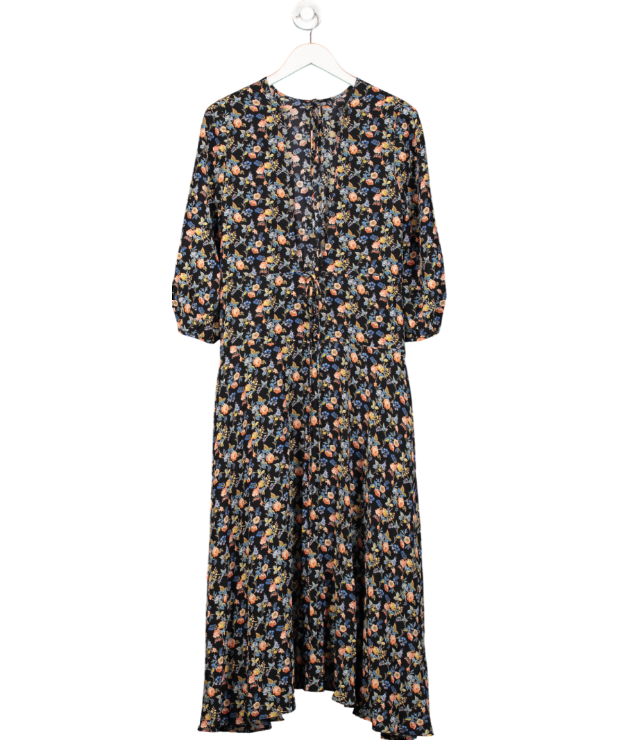 Les reveries Black Rose Floral Print Silk Crepe De Chine Maxi Dress UK 6