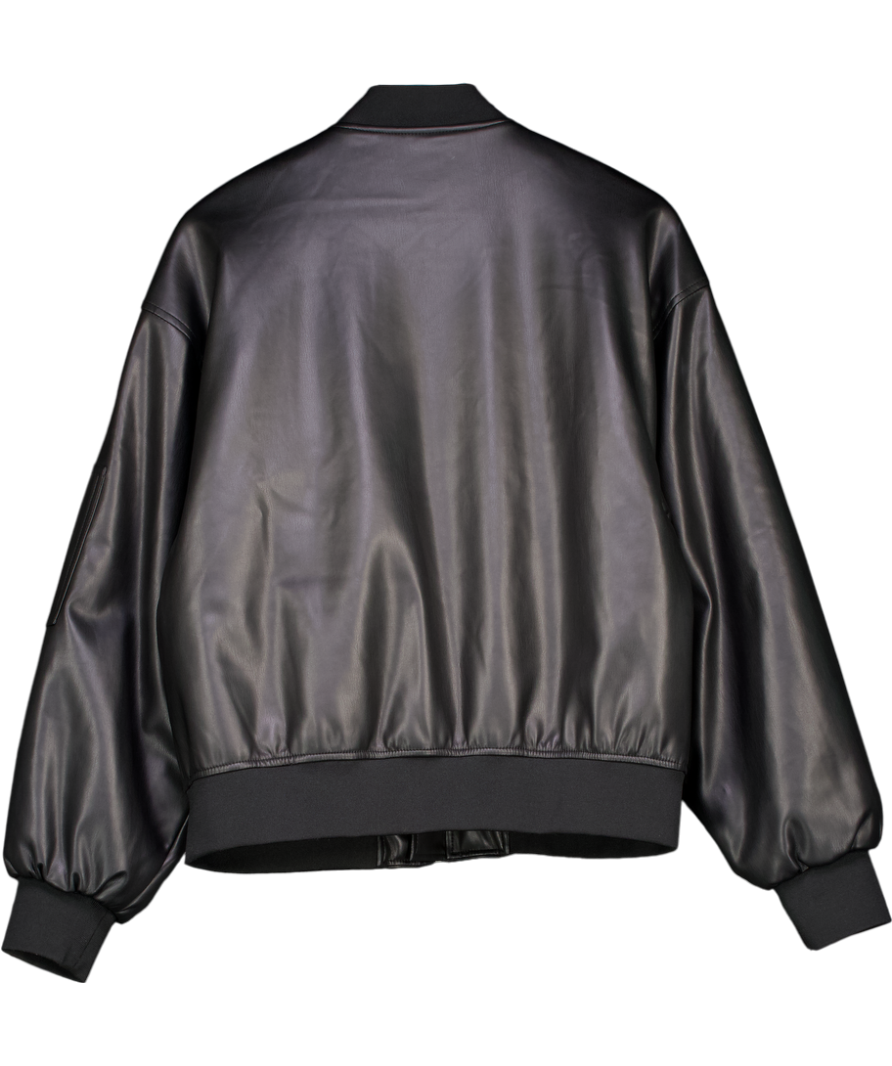 NA-KD Black Faux Leather Bomber Jacket UK 8