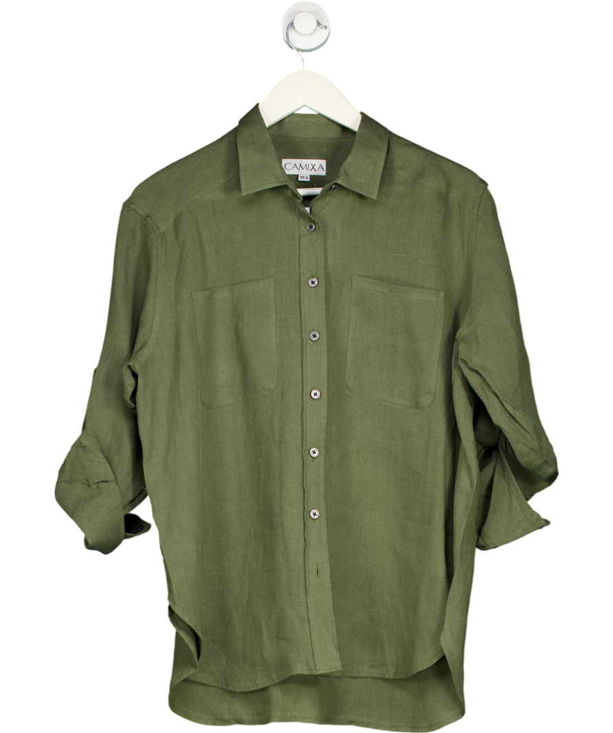 CAMIXA Luna Olive Green Oversized Linen Shirt With Pockets UK XS/S