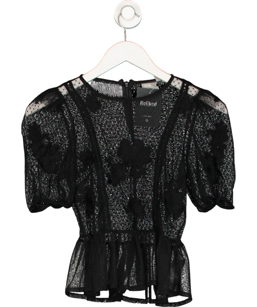 ASOS Black Sheer Lace Top With Floral Embroidering UK 8