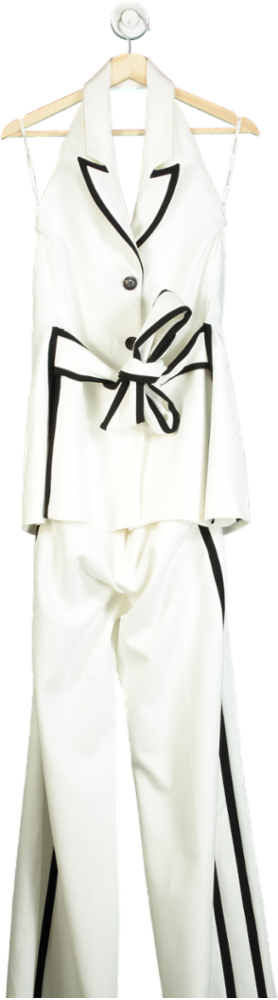 Karen Millen Ivory Compact Stretch Contrast Tipped Belted Wide Leg Tailored Jumpsuit UK 10