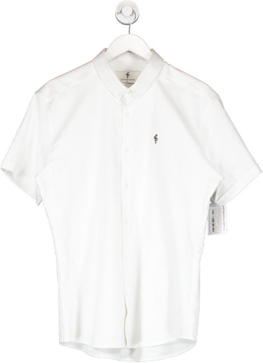 Father Sons White Super Slim Stretch Denim Short Sleeve With Metal Decal Emblem UK XL