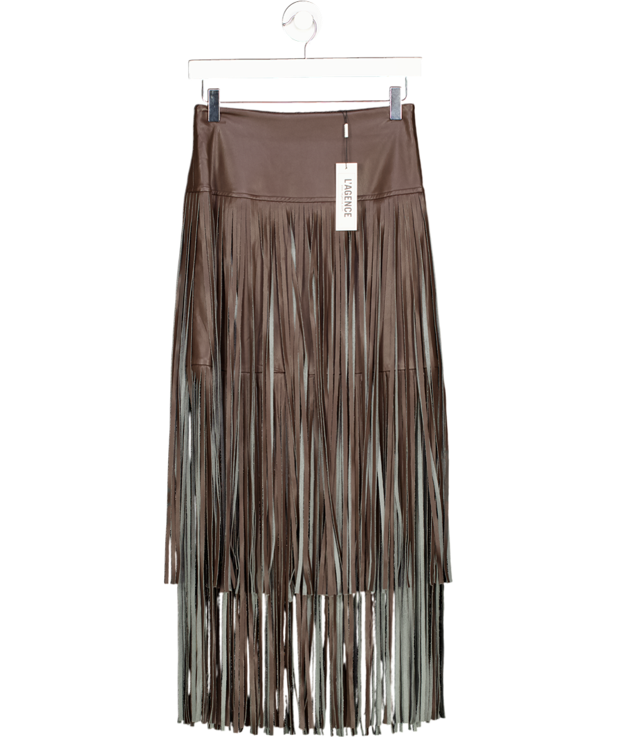 L'agence Karolina Vegan Leather Fringe Skirt In Brown Coffeee Bean UK 4
