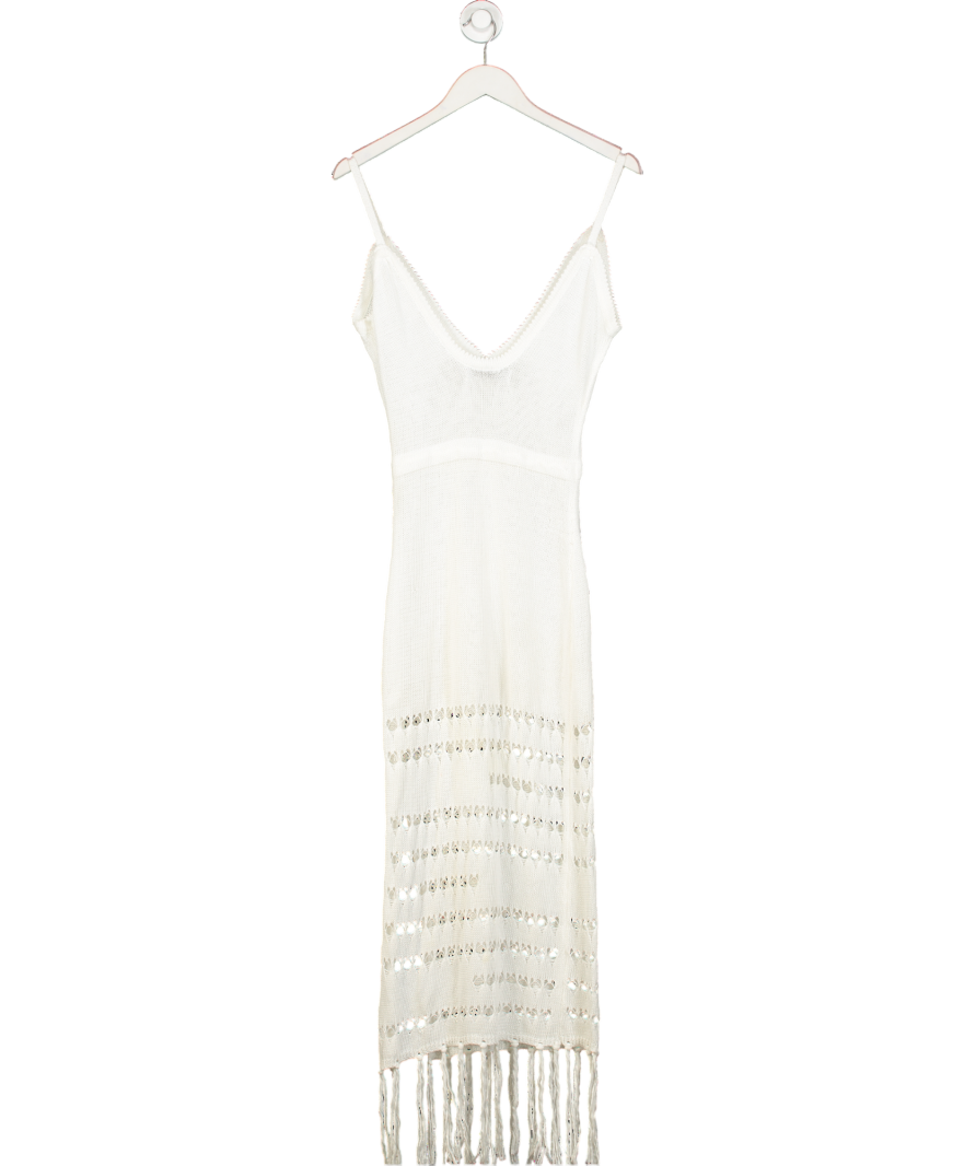 Mermaids White Knitted Fringed Crochet Maxi Dress UK S
