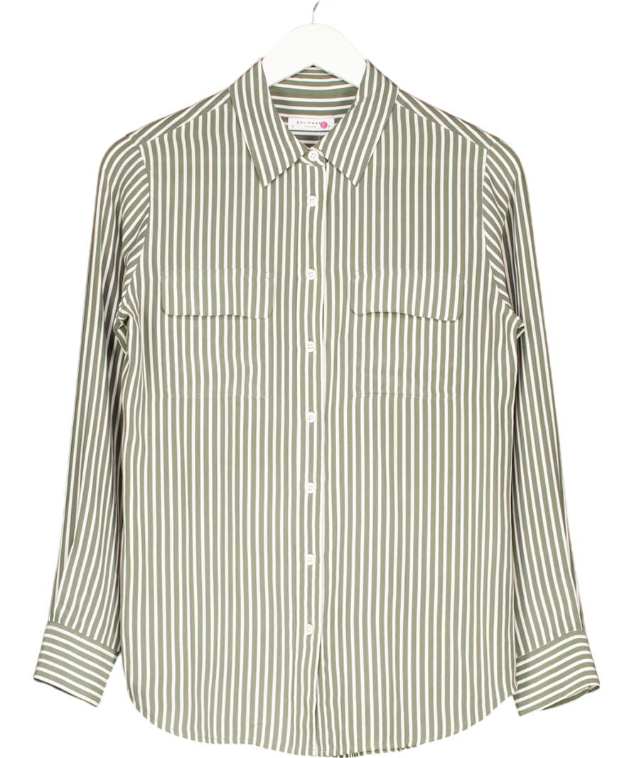 Equipment Green Striped Essential Washed Silk Shirt UK S