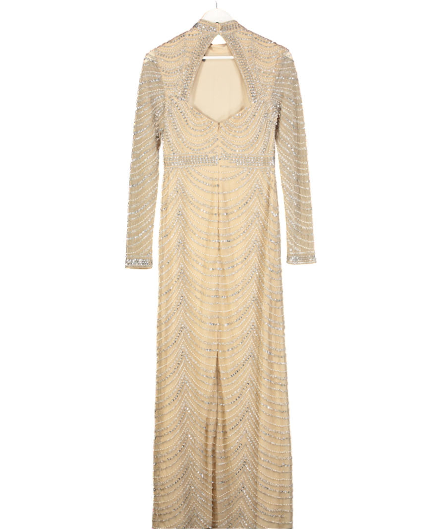 Karen Millen Nude Embellished Woven Long Sleeved Maxi Dress UK 10