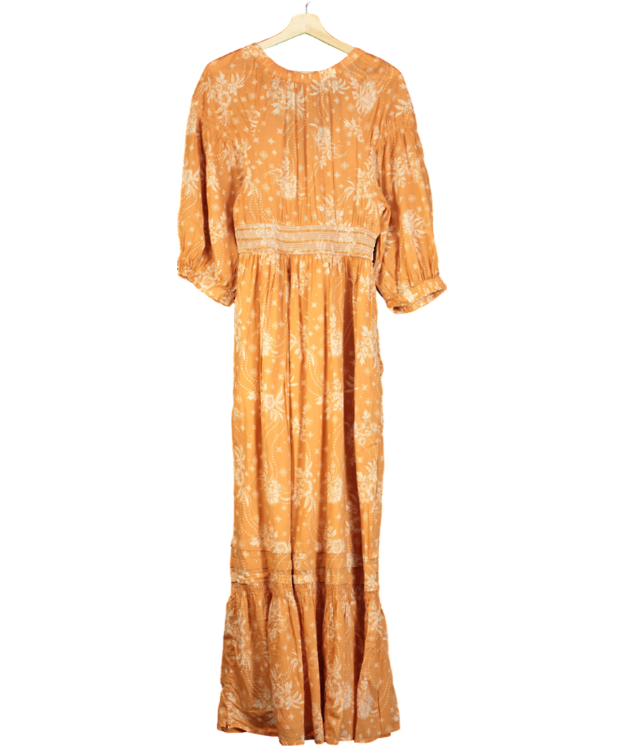 Free People Orange Sable Maxi Golden Hour Long Sleeve Deep V-neck Dress UK M