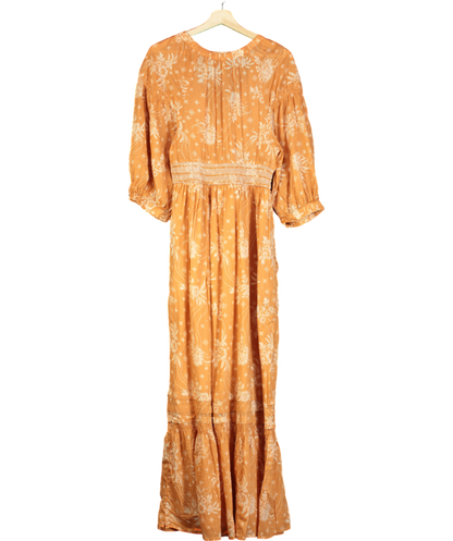 Free People Orange Sable Maxi Golden Hour Long Sleeve Deep V-neck Dress UK M