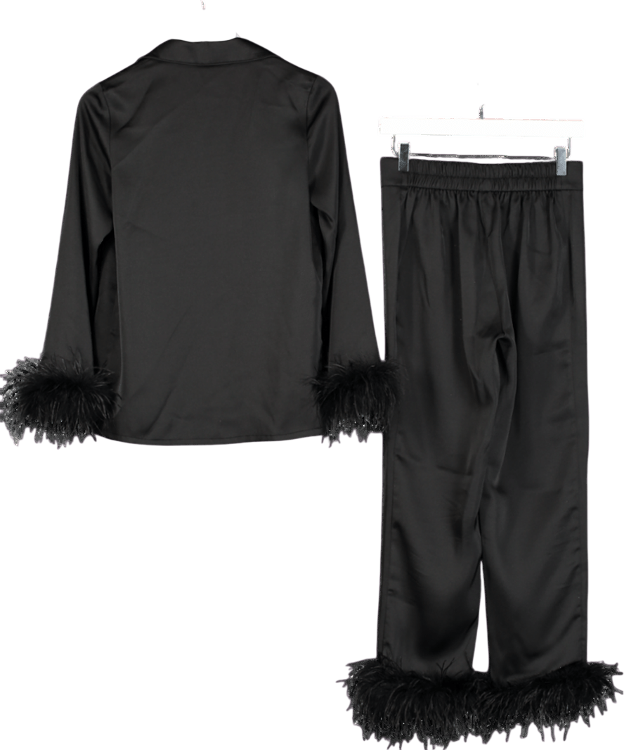 NADINE MERABI Darcie Black Satin Pyjama Set With Feather Trim And Crystal Buttons UK XS