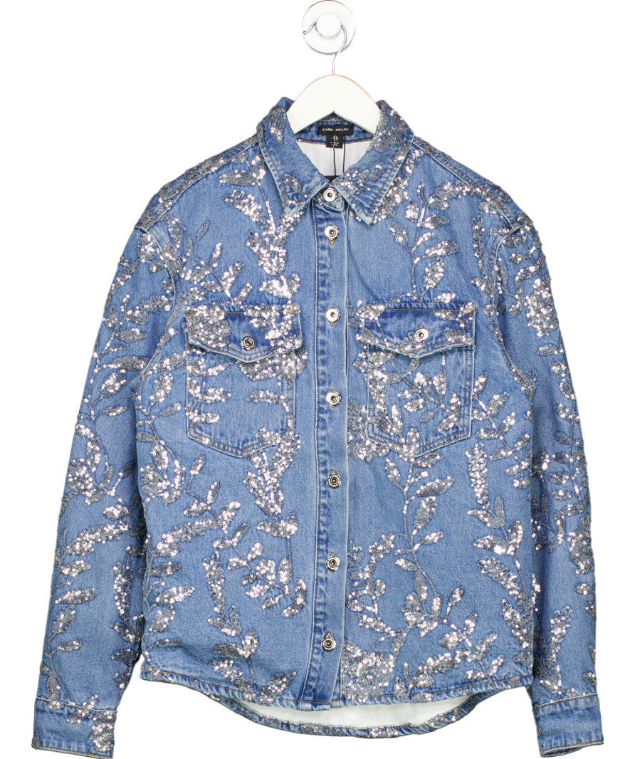 Karen Millen Blue Denim All Over Floral Sequin Jacket UK 6