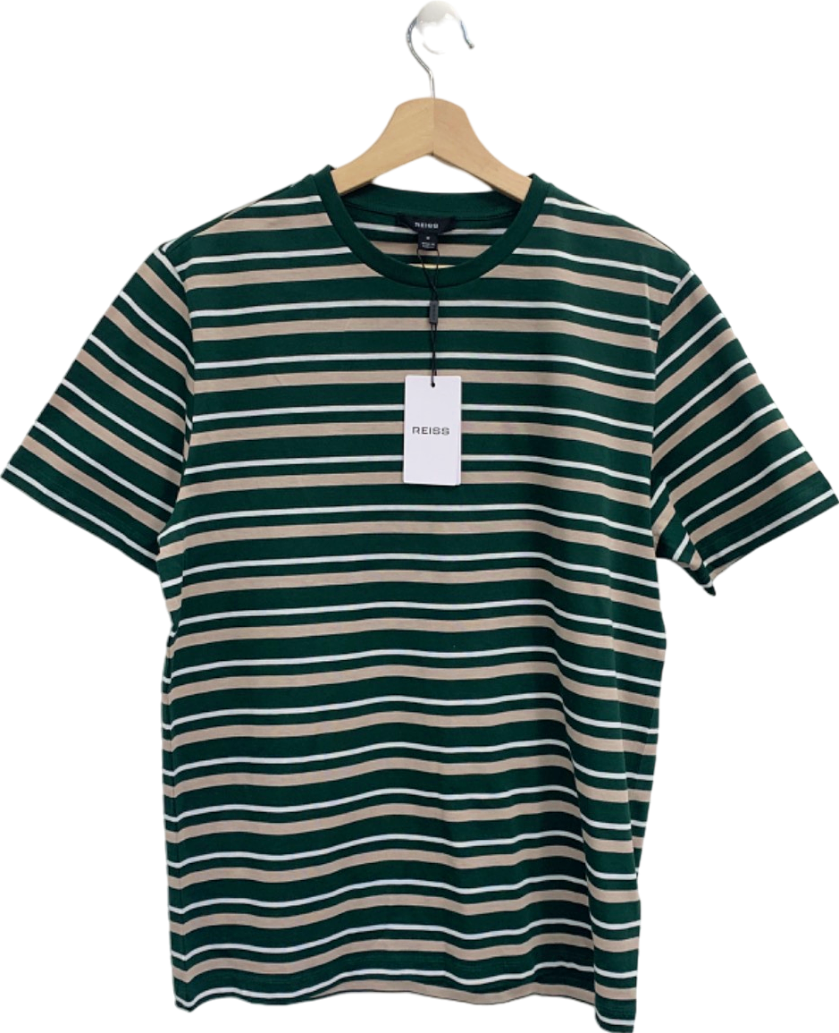 Reiss Fir Green Silver Birch Striped Mercerised Crew T-Shirt UK M