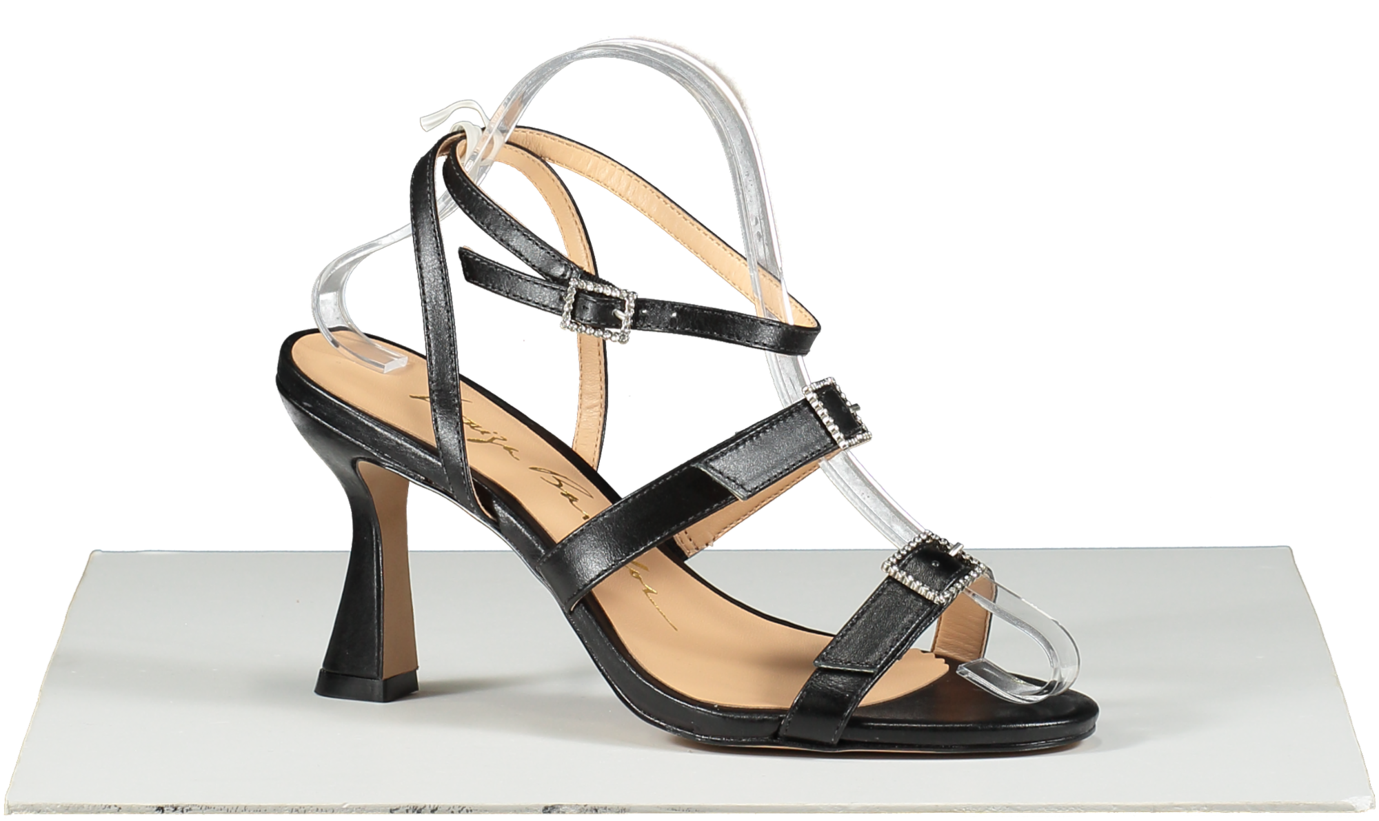 Luiza Barcelos Black BLACK CRYSTAL BUCKLE MID-HEEL SANDALS UK 6 EU 39 👠