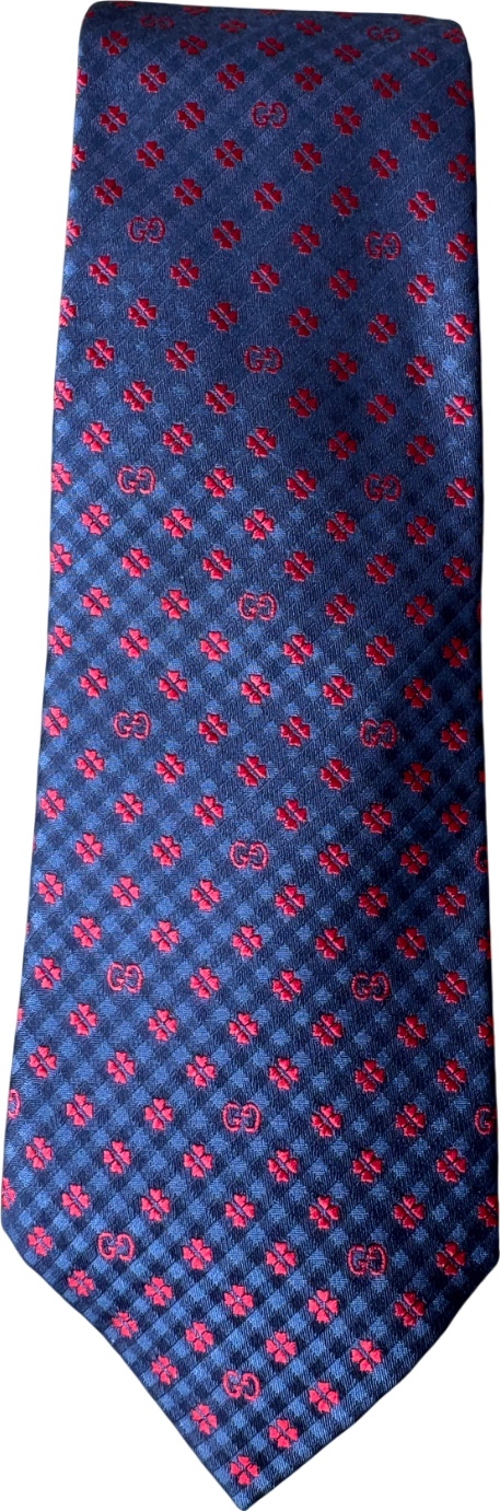 GUCCI Blue Navy / Red GG 100% Silk Jacquard Tie