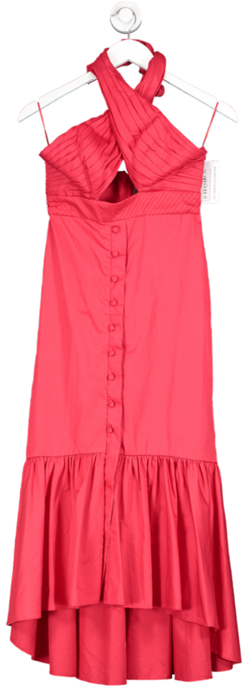 Johanna Ortiz Red Antillana Cotton Cutout Ruffled Halterneck Midi Dress UK 4