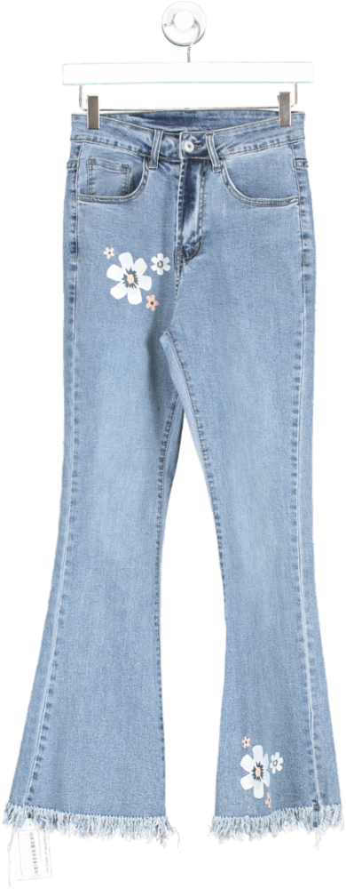Blue Frayed Hem Flared Flower Detail Jeans UK S