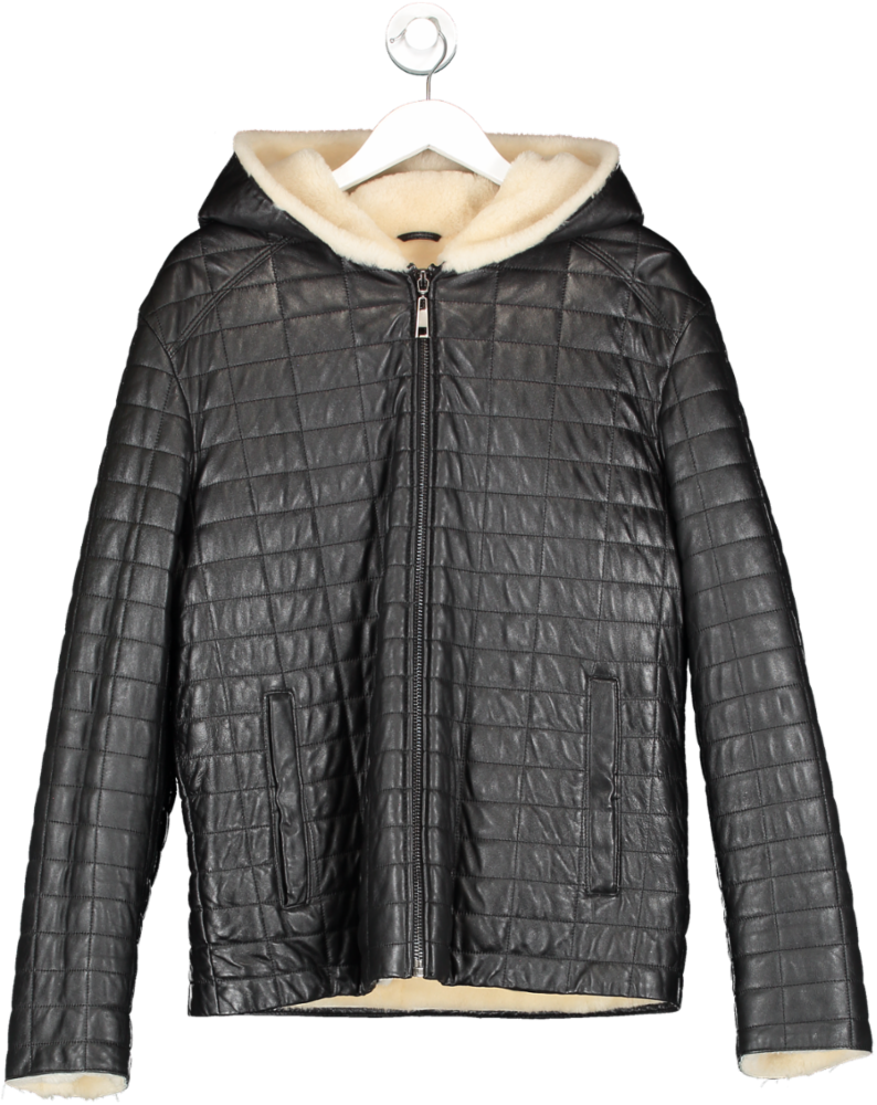 Helmsman Collection Black Luxury Quilted Leather Hooded Jacket With Shearling Lining UK 50"