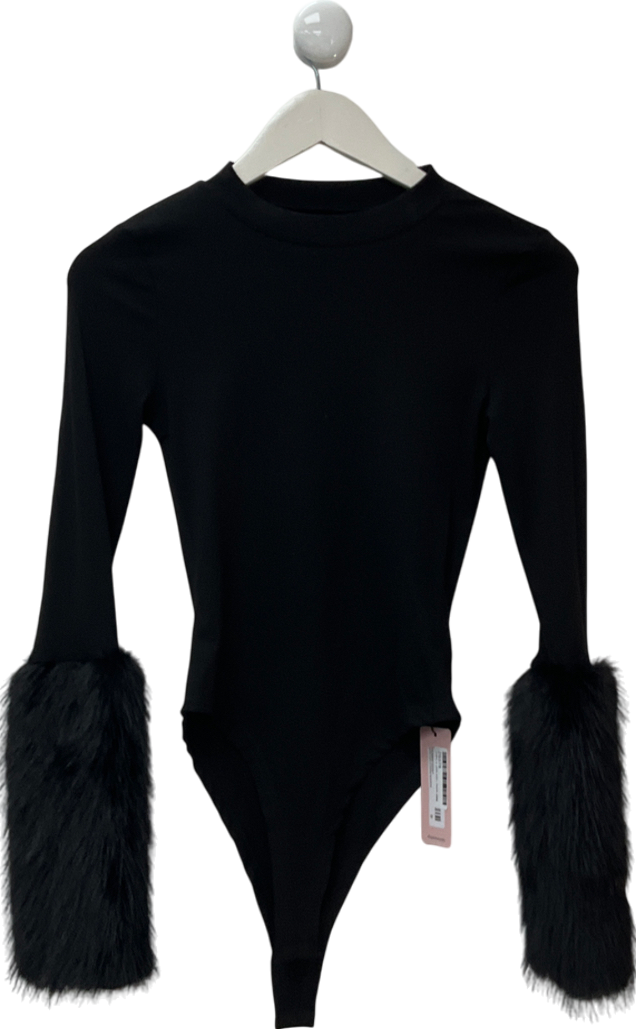 micas Black Patchwork Fur Long Sleeve Bodysuit UK S