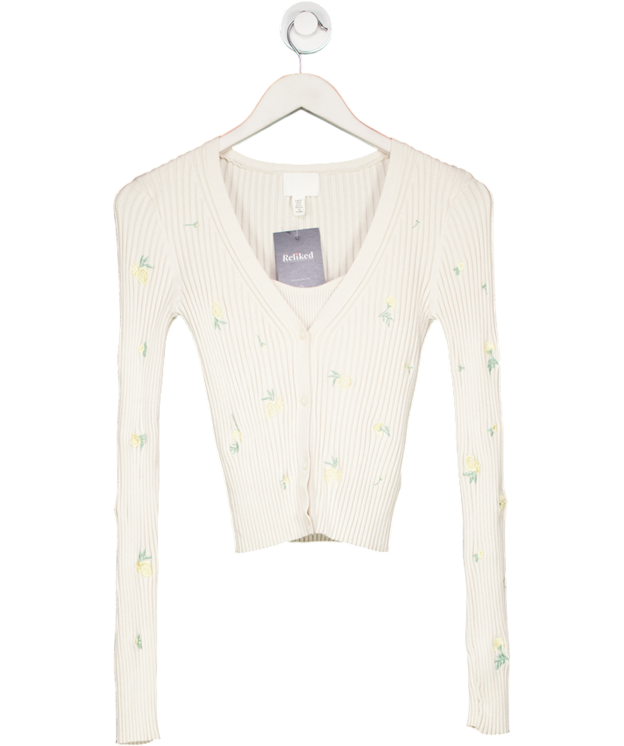 H&M Cream Embroidered Floral Ribbed Cardigan And Cami Top Set UK XS