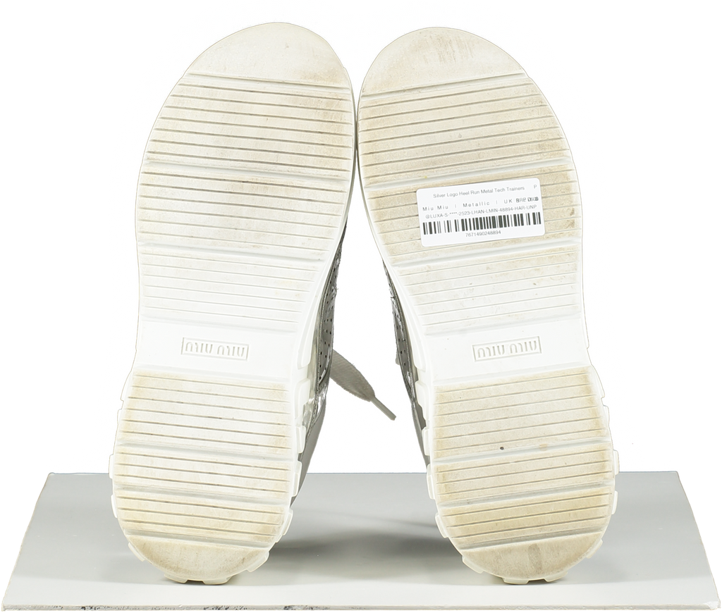 Miu Miu Metallic Silver Logo Heel Run Metal Tech Trainers UK 6 EU 39 👠