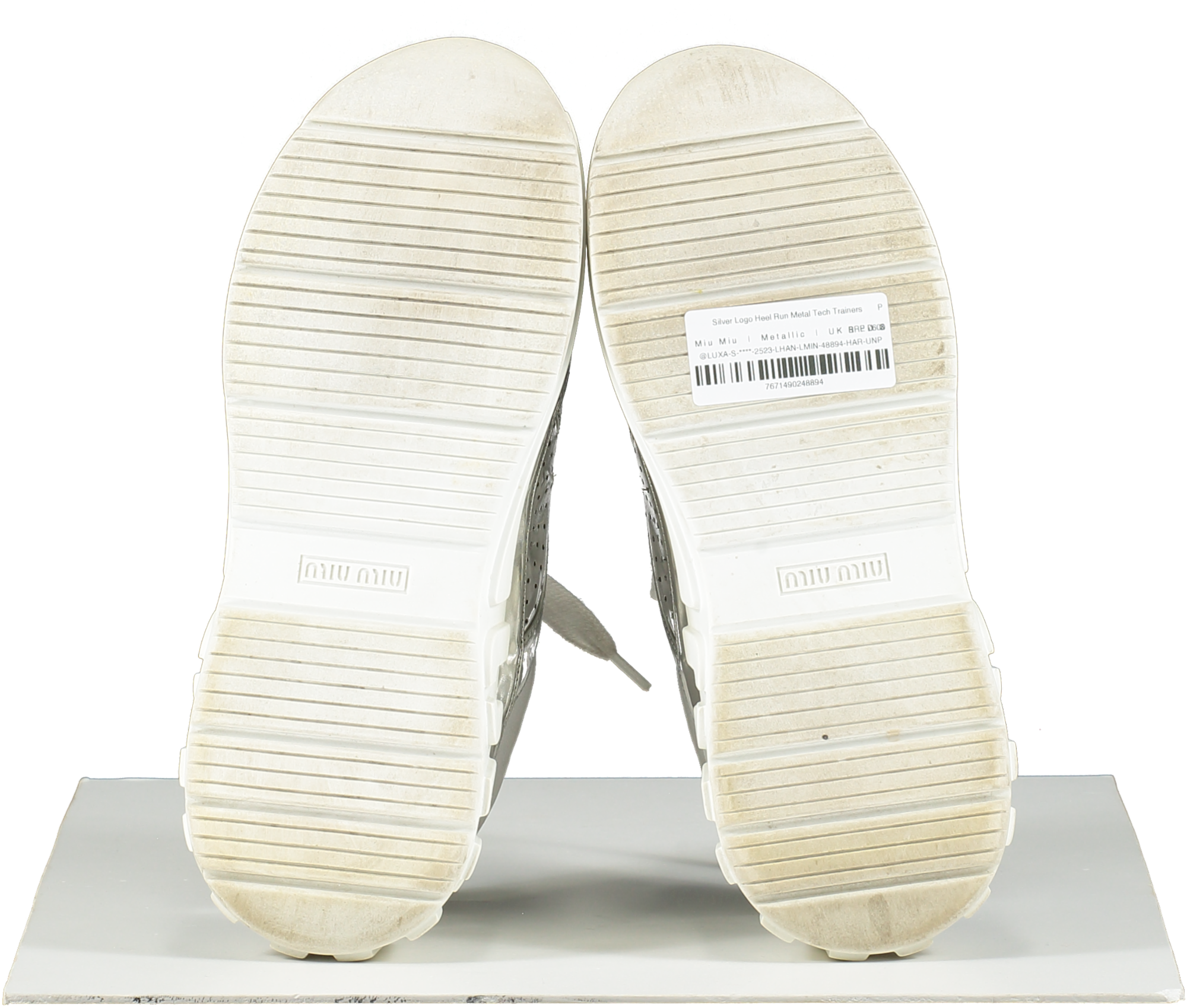 Miu Miu Metallic Silver Logo Heel Run Metal Tech Trainers UK 6 EU 39 👠