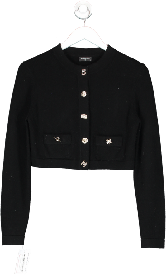 Chanel Black Gold CC & Charm Buttoned Crop Cardigan 100% Cashmere UK 4