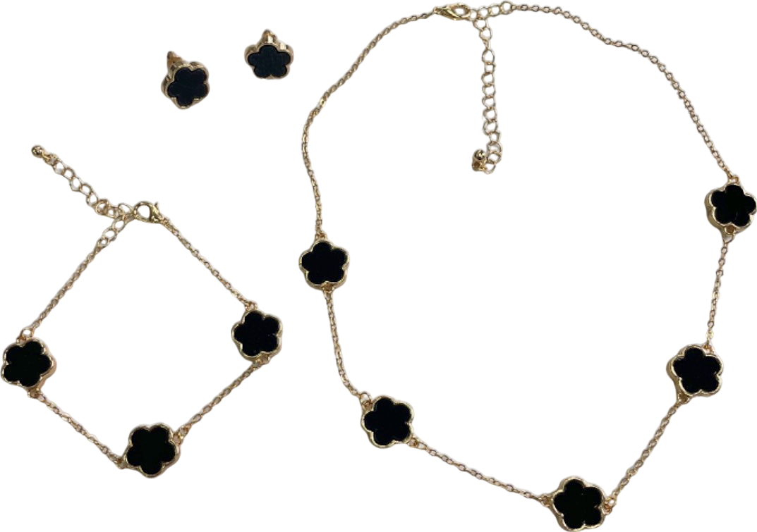 3-Piece Black Clover Necklace/Earrings/Bracelet Set in Tulle Gift Bag