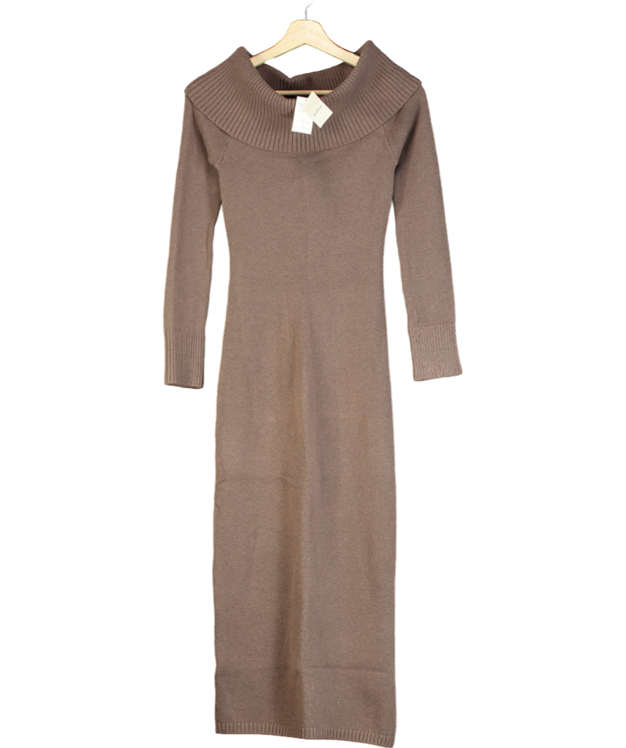 Hollister Slouchy Off Shoulder Long Sleeve Midi Dress In Brown UK XS