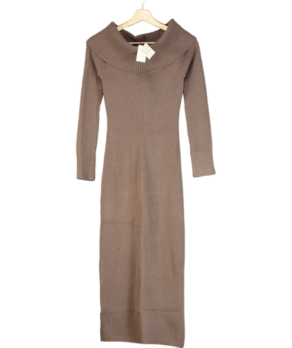 Hollister Slouchy Off Shoulder Long Sleeve Midi Dress In Brown UK XS