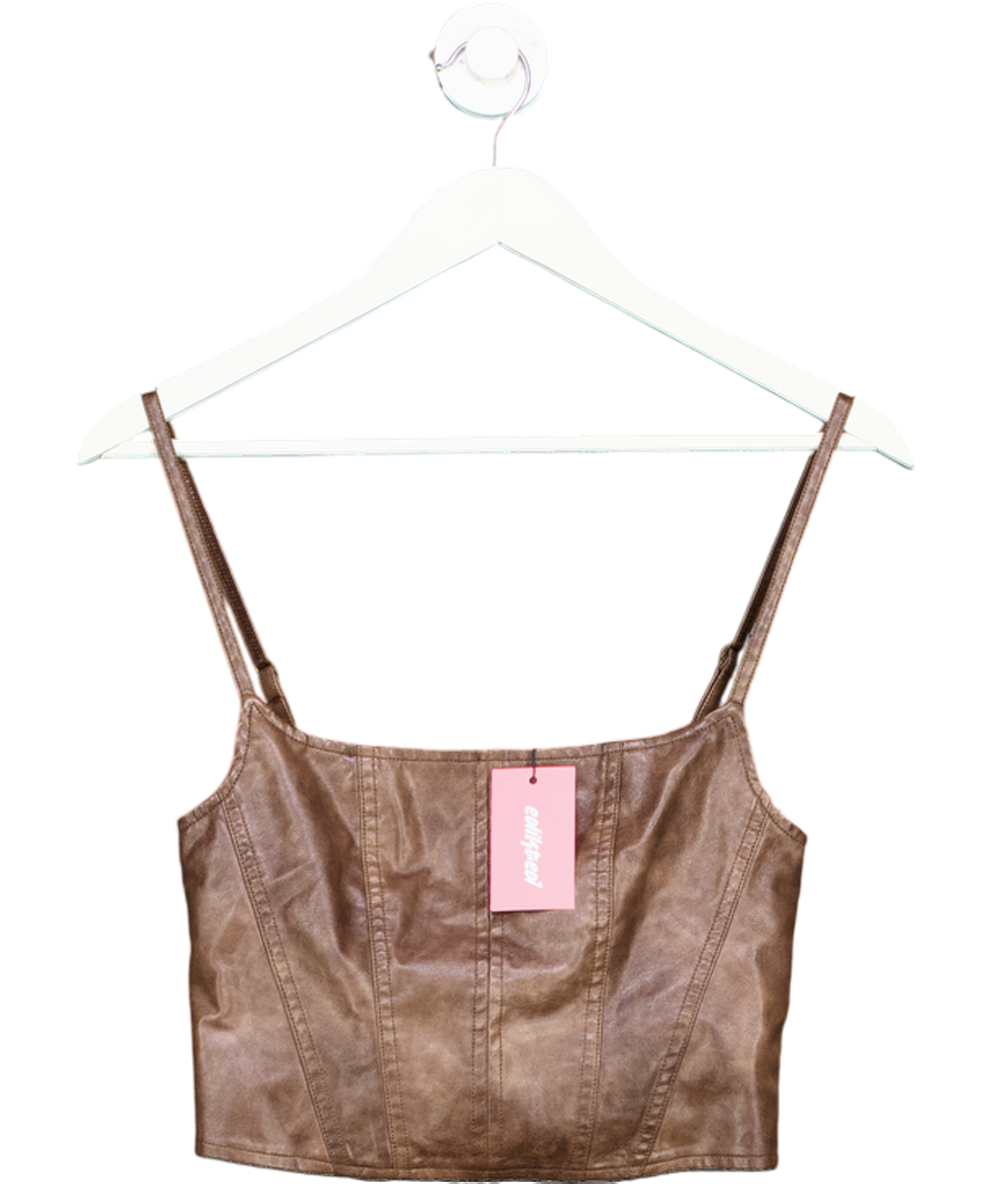 edikted Brown Scout Zip Up Faux Leather Corset UK S