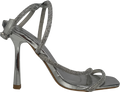 PrettyLittleThing Metallic Silver Pu Square Toe Diamante Asymmetric Strap Heeled Sandals UK 3 EU 36 👠