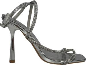 PrettyLittleThing Metallic Silver Pu Square Toe Diamante Asymmetric Strap Heeled Sandals UK 3 EU 36