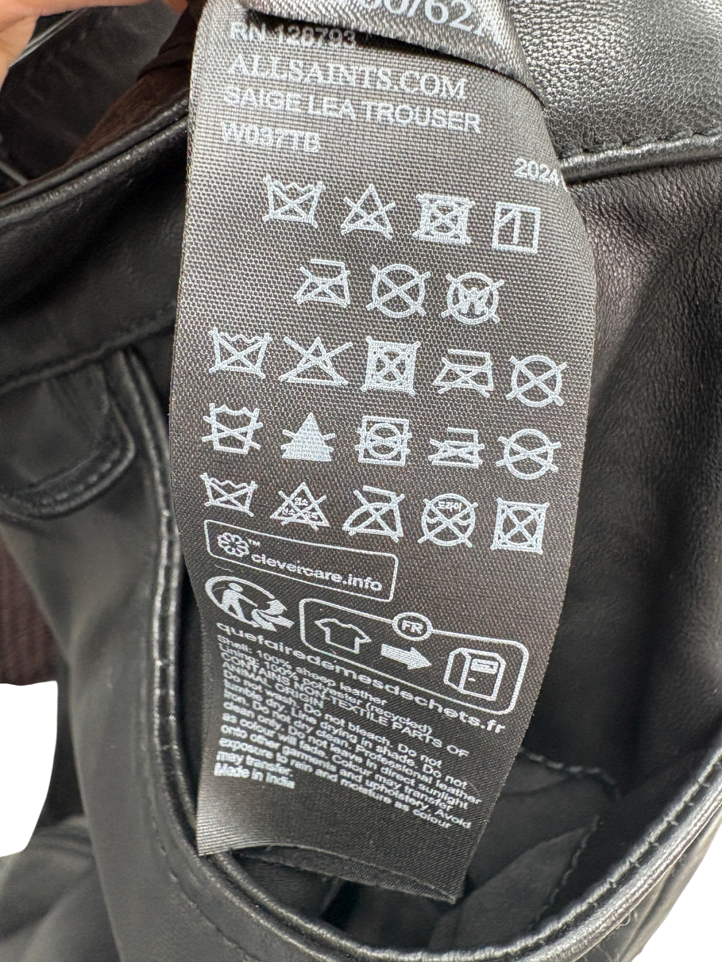 All Saints Black Saige Straight Fit Leather Trousers UK 6