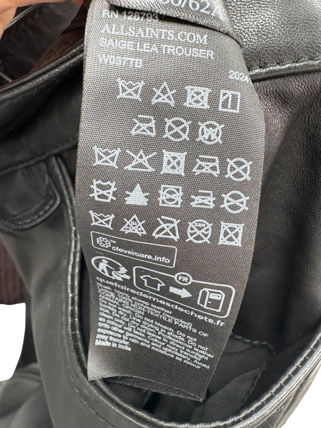 All Saints Black Saige Straight Fit Leather Trousers UK 6
