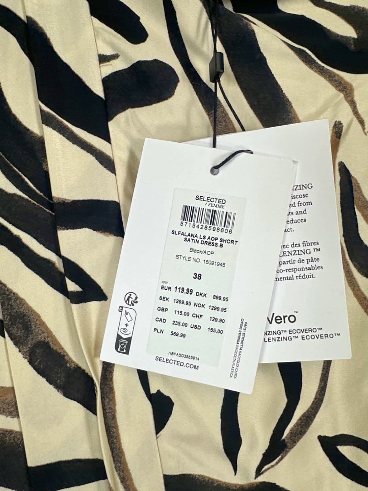 Selected Femme Multicolour Zebra Print Satin Dress Short SLFALANIA Size 10