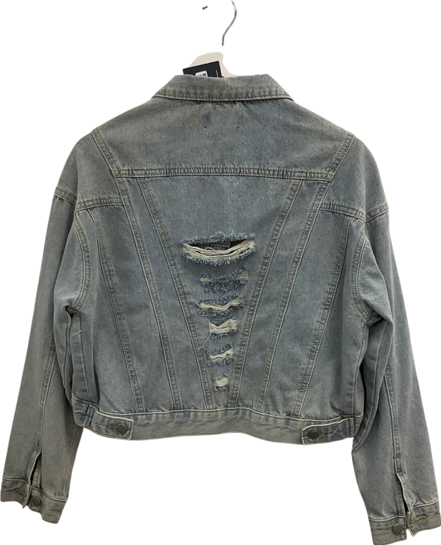 PrettyLittleThing Blue Distressed Super Cropped Denim Jacket UK 4
