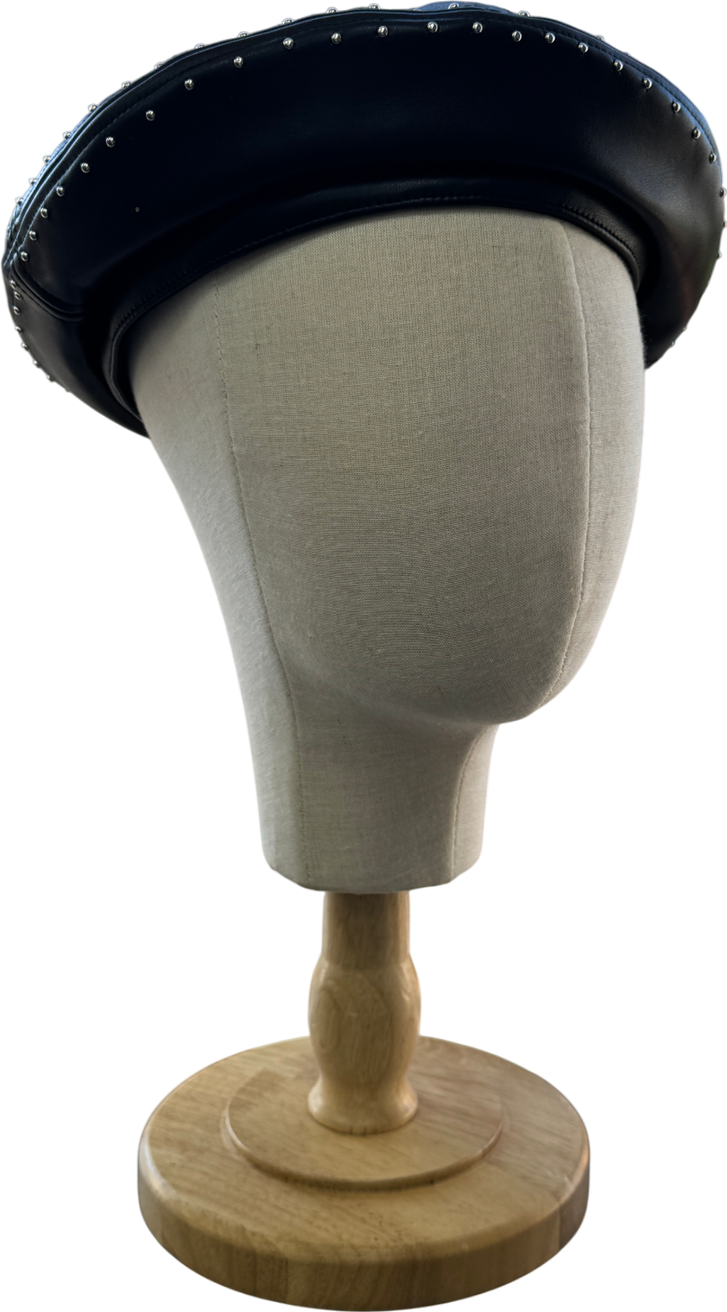 River Island Black Faux Leather Stud Beret One Size