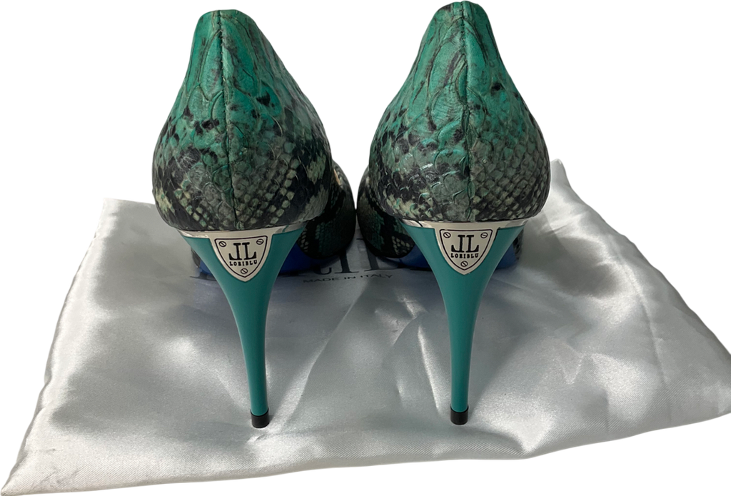 loriblu Green Turquoise Shades Snake Patten Calfskin Pointed Sling Back Heels UK 5 EU 38 👠