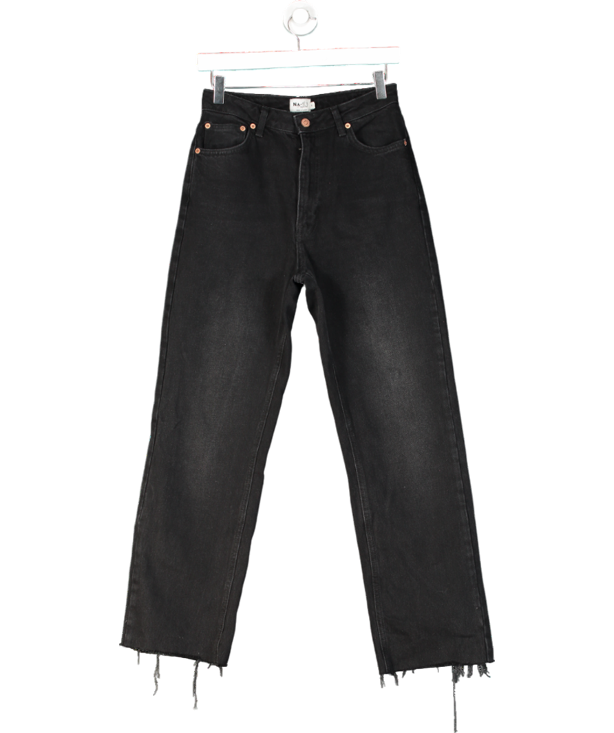 NA-KD Black Straight High Waisted Raw Hem Jeans UK 8